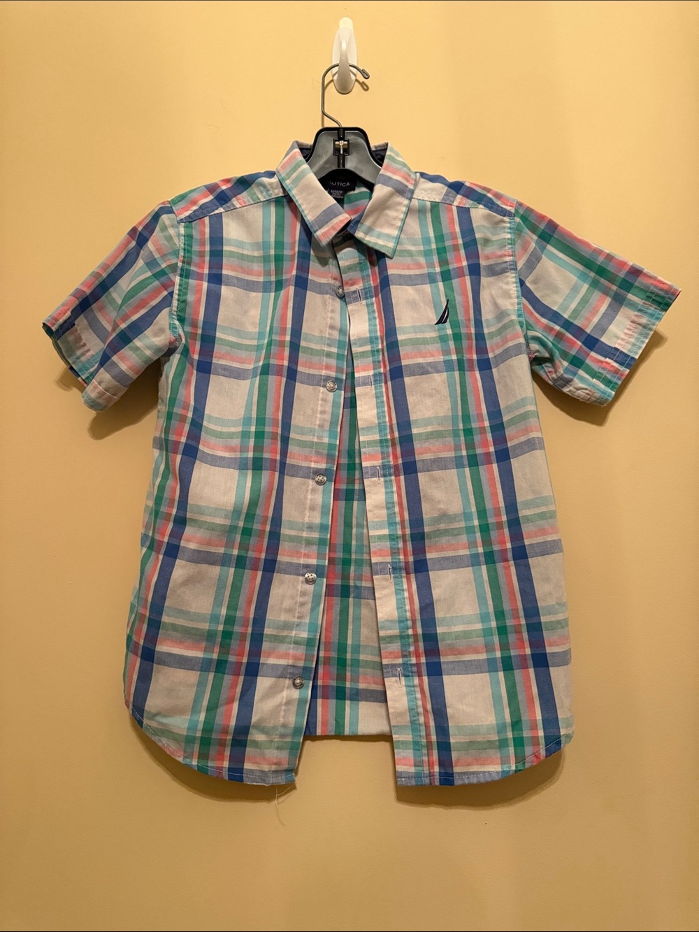 Nautica‎ Short-Sleeve Plaid Button-Down Shirt - Blue, Green, Pink Sz medium